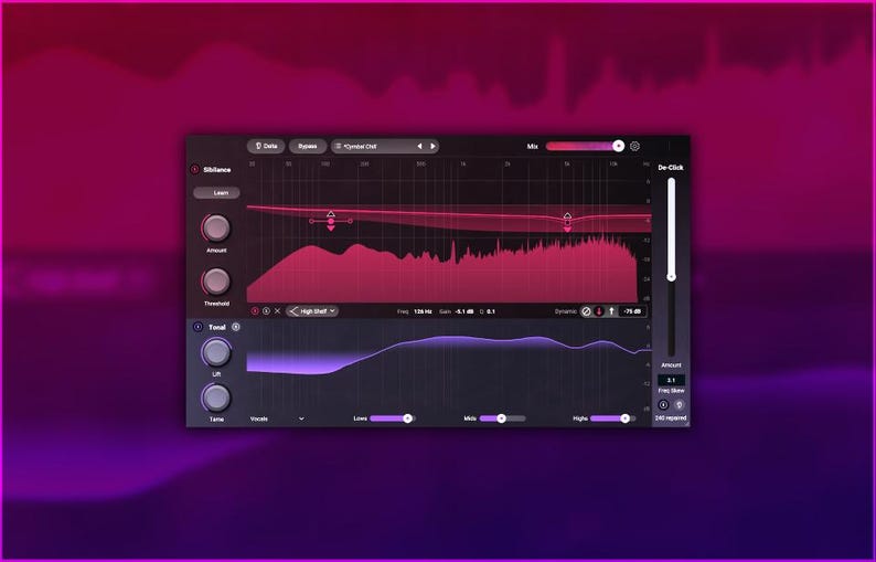 iZotope Velvet is an intelligent vocal de-esser that separates sibilant and tonal elements for precise processing. It features dynamic tone shaping with Lift and Tame controls, an intuitive De-Click to remove mouth noises, and 50 professional presets. With channel soloing, a global Delta button, and eight target profiles, Velvet streamlines vocal refinement, delivering smooth, polished results in any mix