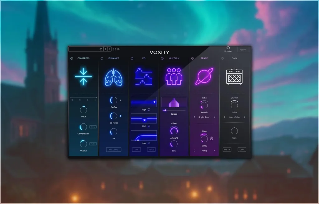 Cymatics VOXITY Preset Pack plugin interface showing 20 vocal presets designed to smooth vocals, reduce harsh frequencies, enhance clarity, tonal balance, and warmth for professional mix-ready audio, compatible with multiple instruments and major DAWs, ideal for studio, home, and live mixing applications
