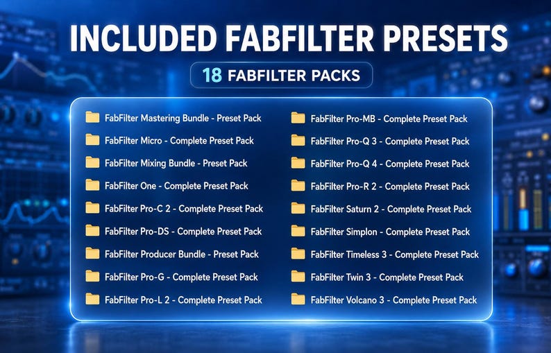 FabFilter preset pack collection for producers and mixing engineers, including FabFilter Mastering Bundle, Micro, Mixing Bundle, One, Pro-C 2, Pro-DS, Producer Bundle, Pro-G, Pro-L 2, Pro-MB, Pro-Q 3, Pro-Q 4, Pro-R 2, Saturn 2, Simplon, Timeless 3, Twin 3 and Volcano 3 presets for EQ, compression, limiting, saturation, reverb, delay, modulation and creative sound design, helping speed up vocal, drum, bus, mastering and mix workflow